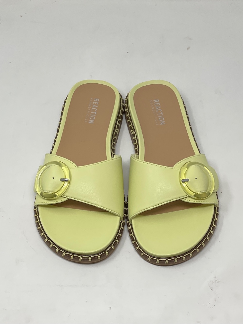 Reaction Kenneth Cole Lemon Yellow Slide Sandals with Round Buckle